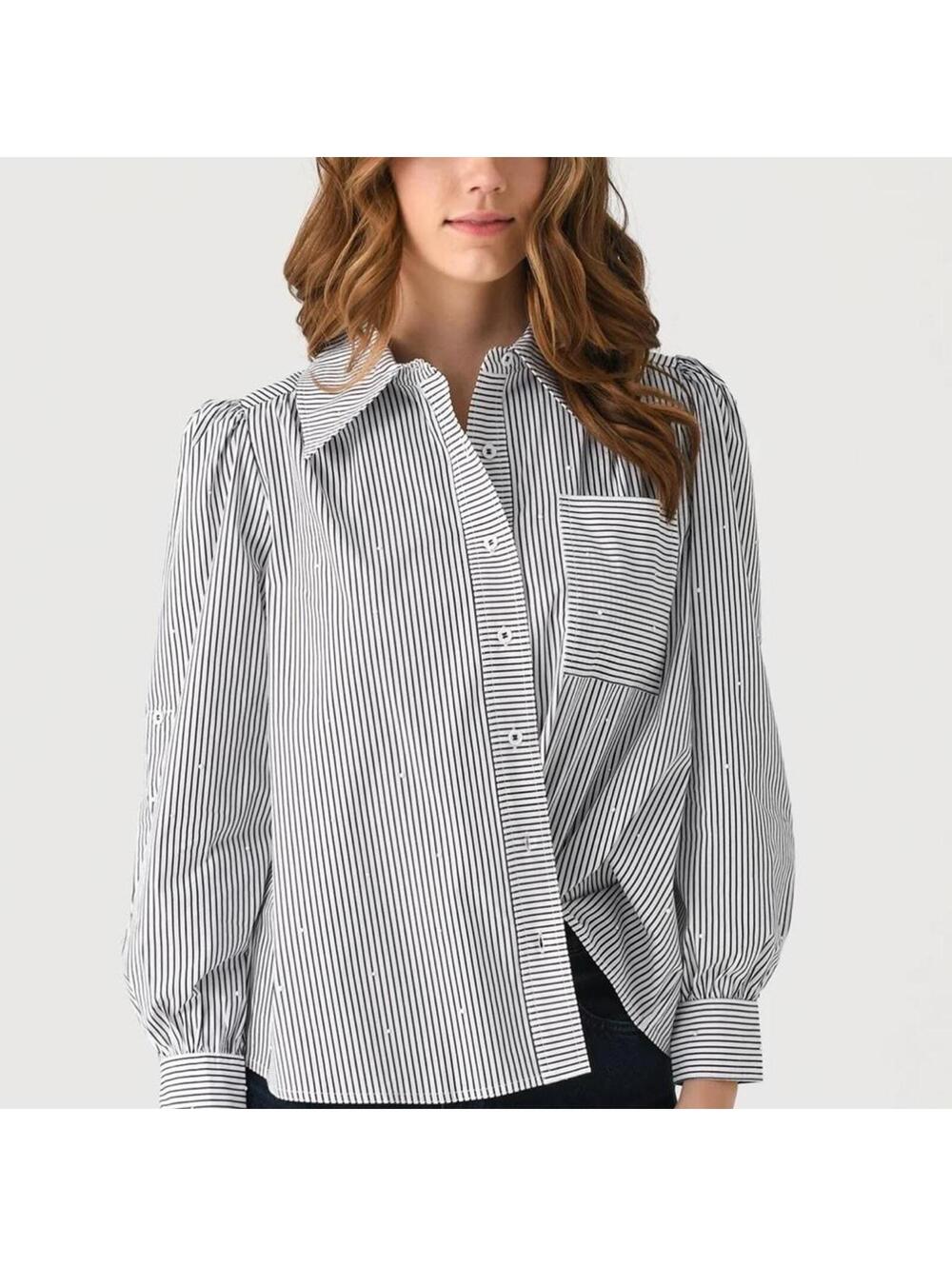 Hunter Bell - Jade Shirt. Blue and White Striped Button Down with Embellishments